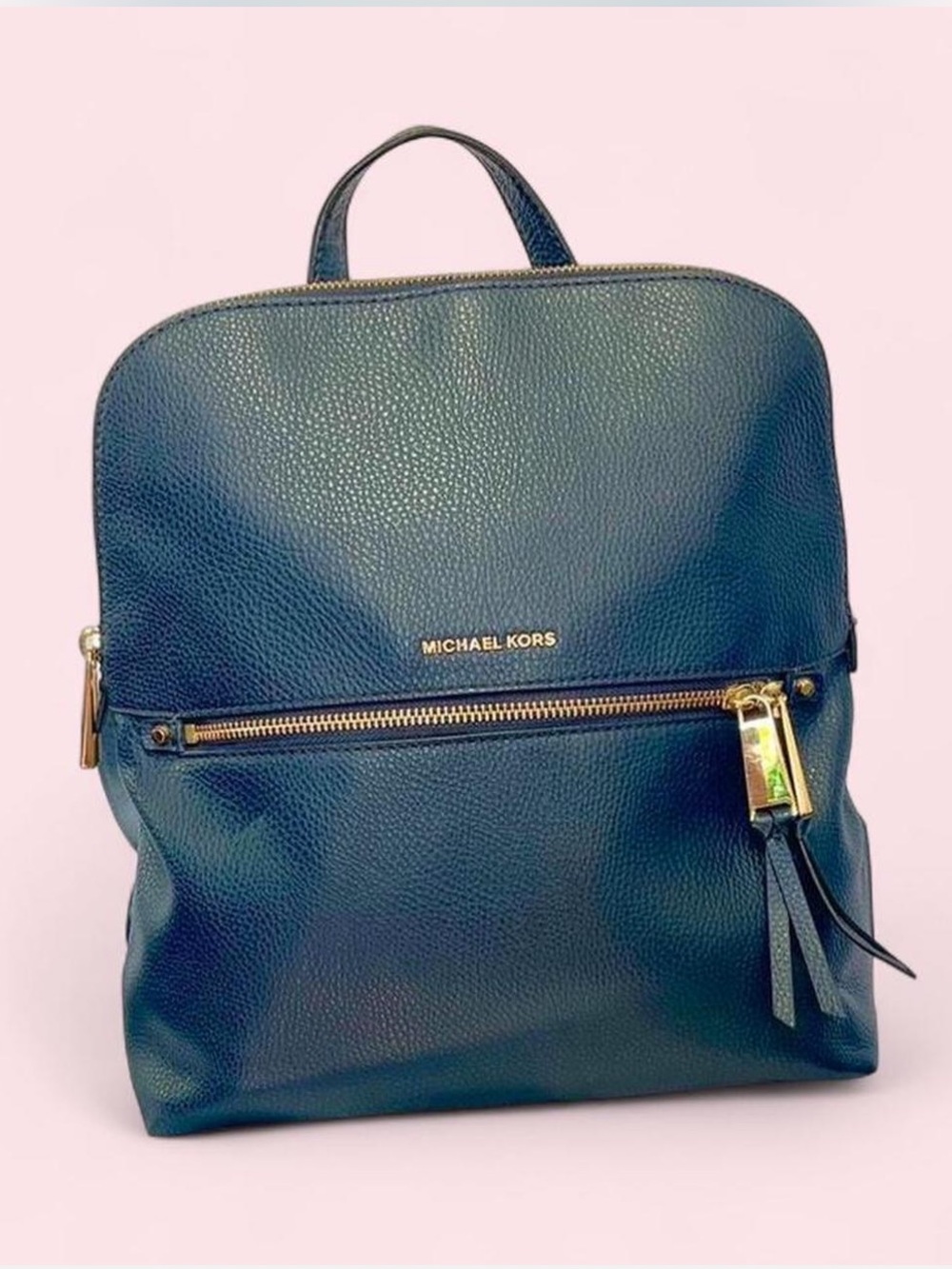 Michael Kors Navy Blue Pebbled Leather Backpack with Gold Hardware